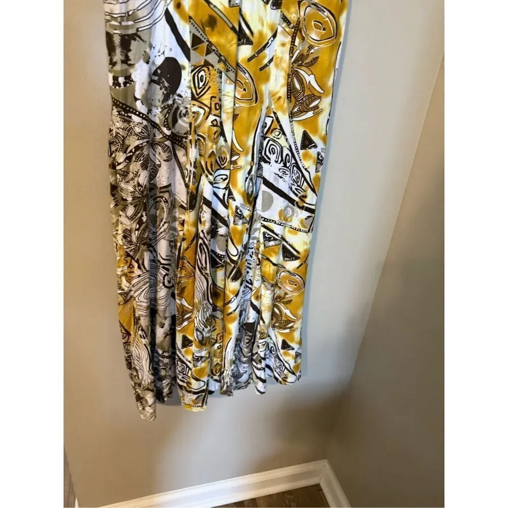 Tribal Women's Size M Sleeveless Stretch Midi Dress Gold Black Abstract Boho